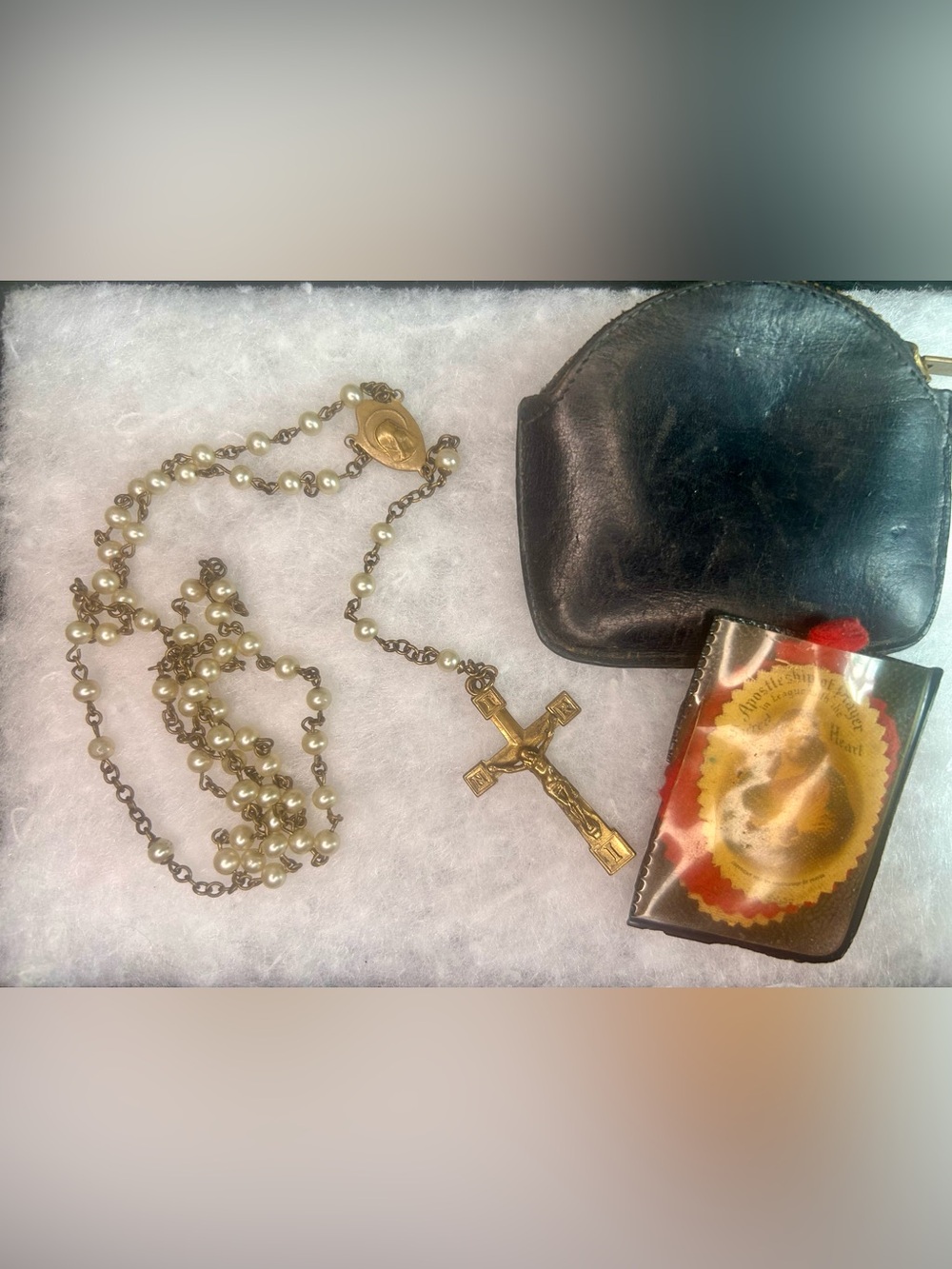 Vintage Catholic Faux Pearl Rosary & Pouch Set (1945-55)